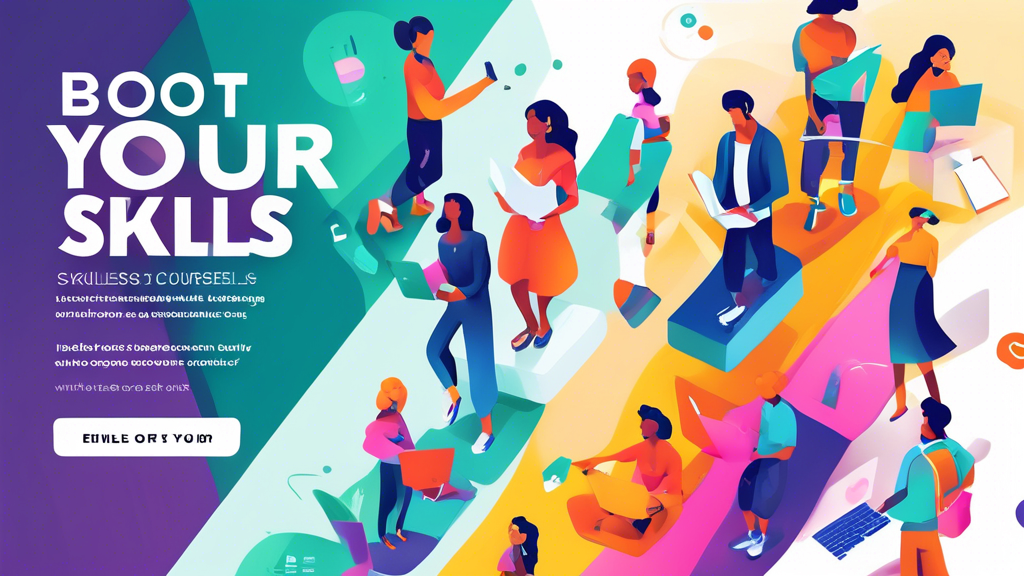 Create an image of a dynamic and engaging online course advertisement showcasing a variety of courses with different subjects and styles to entice potential learners. Include bold text that reads Boost Your Skills and Knowledge - Enroll Now! to encourage sales. The image should convey a sense of diversity, innovation, and high quality to attract a wide range of prospective students.