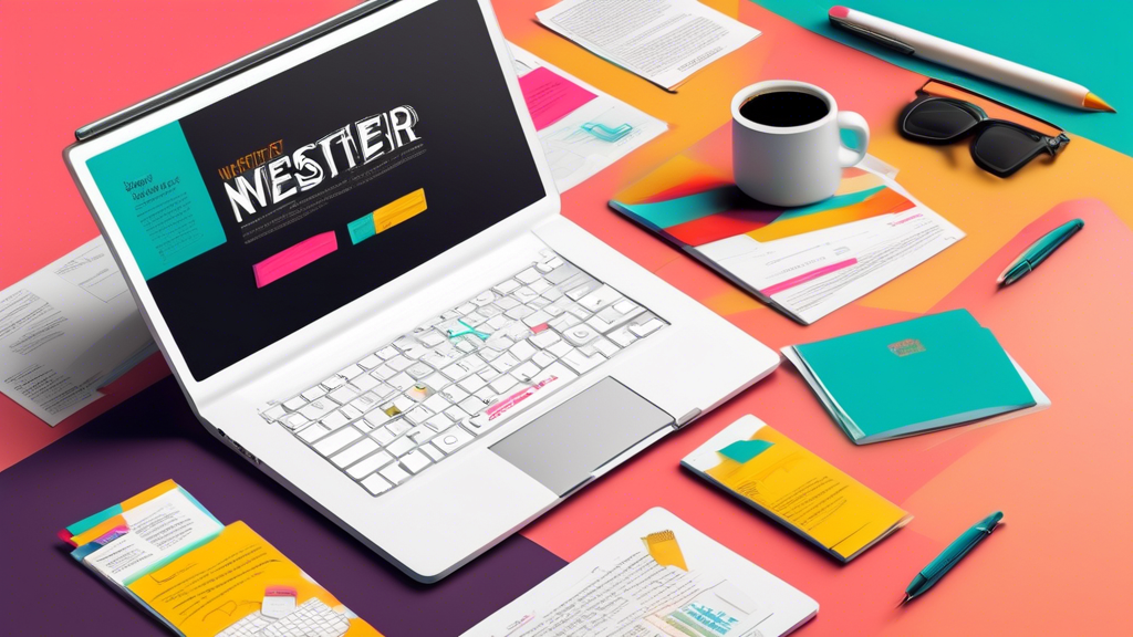 Create an image of a sleek laptop displaying a beautifully designed newsletter template. The screen should be split into two sections - one showing the creation interface with various customization options, and the other displaying a preview of the final newsletter design. Surround the laptop with vibrant colored pens, sticky notes with newsletter content ideas, and a cup of coffee to evoke a sense of productivity and creativity.
